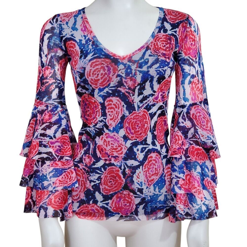 Fuzzi Jean Paul Gaultier Mesh Top Fits Size S Roses Tiered Bell Sleeves Fairy